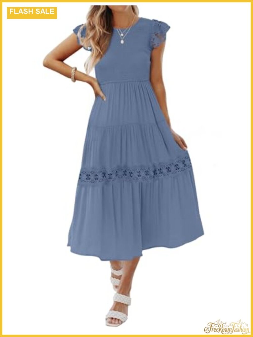 Women's Flutter Sleeve Smocked Lace Midi Dress